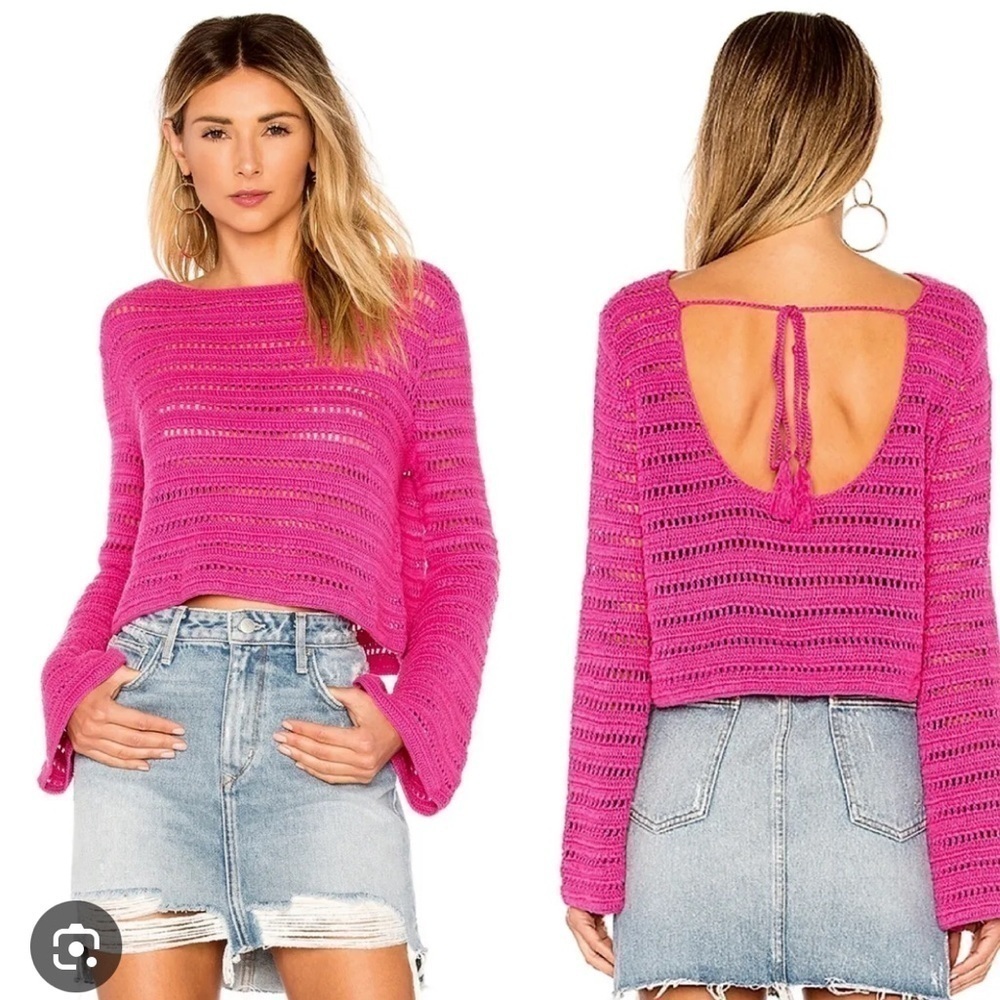 Lovers + Friends Crochet Open Back Tie Sweater pink